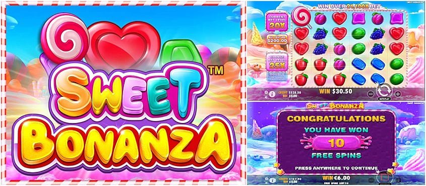 Câștigați 10 rotiri gratuite la slotul Sweet Bonanza.